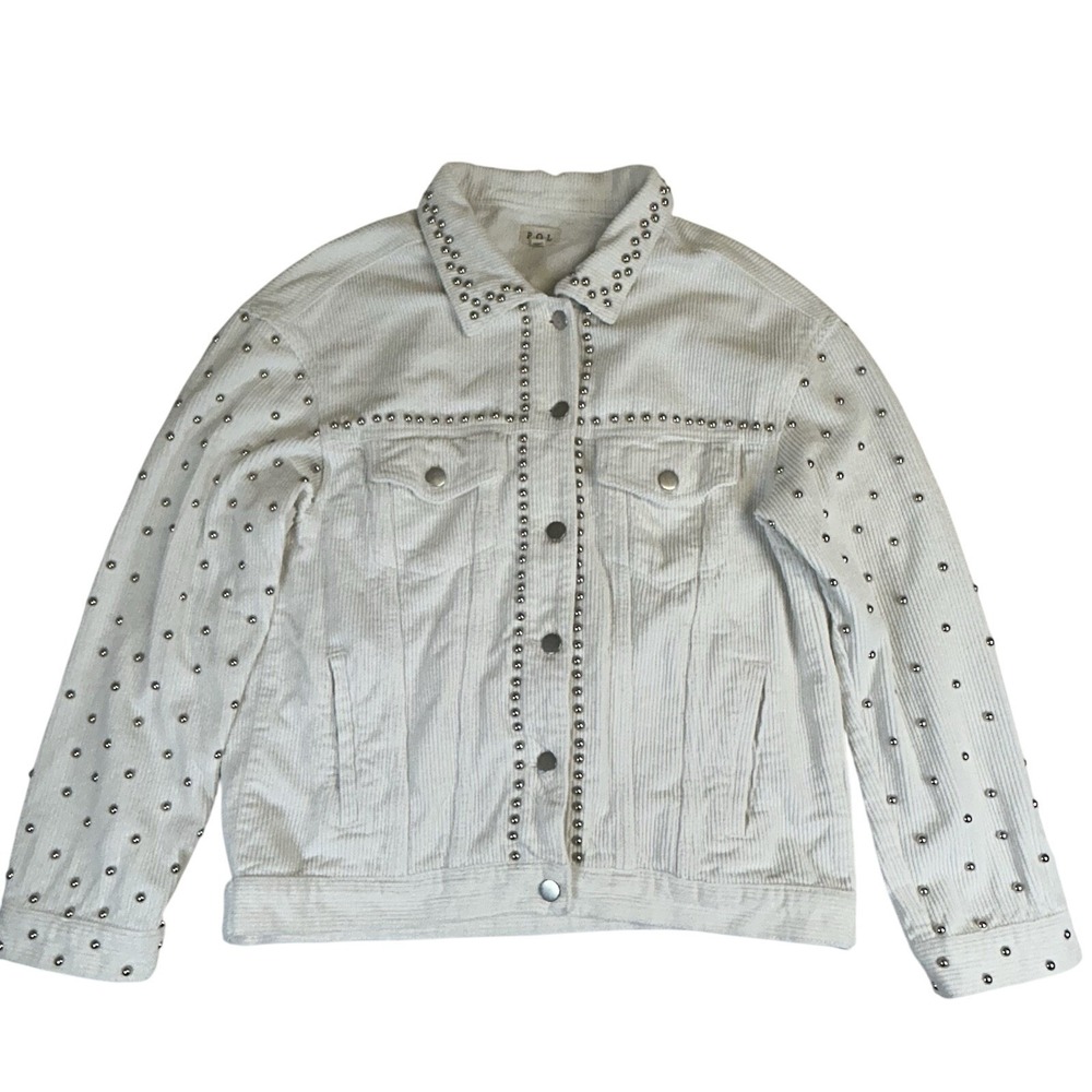 POL The Brand White Corduroy Studded Trucker Jacket - Size L - 100% Cotton‎ Boho